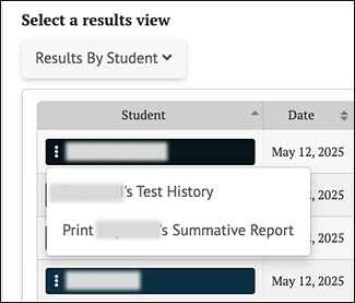 Student Options Pop-up.