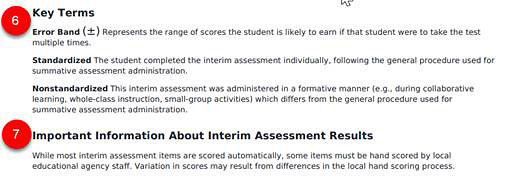 Sample ICA Individual Student Report for a grade five student who took Smarter Balanced for ELA, continued from the previous figure, with callouts described in the numbered list that follows.