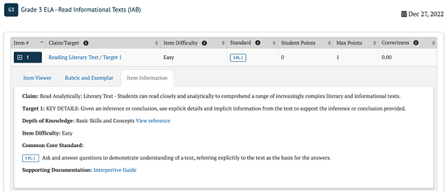 For Grade 3 ELA - Read Informational Texts (IAb), the Item Information tab describes the Claim, Target, Domain, and Standard that the item assesses. This tab also provides the Depth of Knowledge, the Item Difficulty, and links to other supporting documentation. 