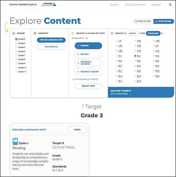Details from the Content Explorer for Standard 3.RL., with filters for grade, subject, claim or text, and target or standard.