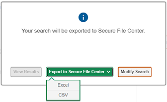 Secure File Center box with the Export to Secure File Center drop-down list showing Excel and CSV options.