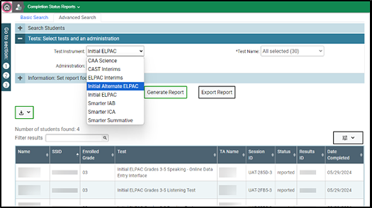 An online report with Initial Alternate ELPAC selected from the Test Instrument drop-down list.