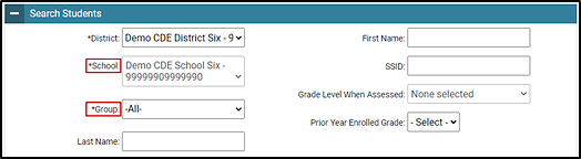 Search Students on the Plan and Manage Testing screen with the School and Group drop-down lists indicated.