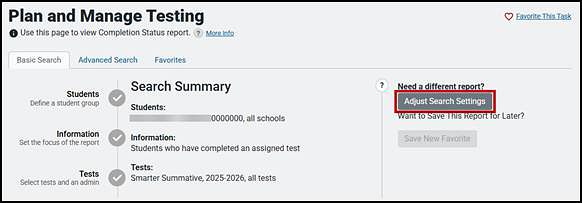 Plan and Manage Testing screen showing the Search Summary with the Adjust Search Settings button indicated.