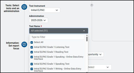 Tests section with options to select the test instrument, administration, and name.