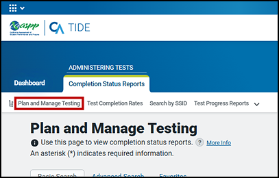 Completion Status Reports drop-down list with the Plan and Manage Testing option indicated.