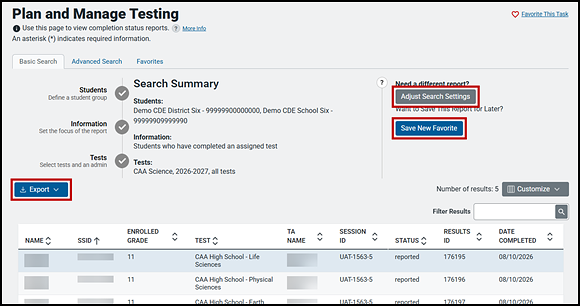 Plan and Manage Testing screen showing the Search Summary with the Adjust Search Settings, Save New Favorite, and buttons indicated.