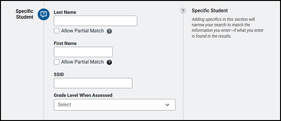 Specific Student section with fields for the student's last and first names and SSID, and a drop-down list to select a grade level when tested.