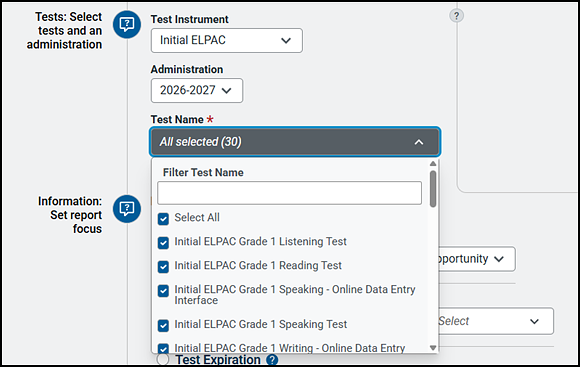 Tests section with options to select the test instrument, administration, and name.
