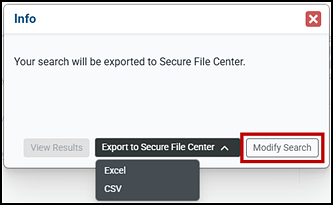 Secure File Center box with the Export to Secure File Center drop-down list showing Excel and CSV options.