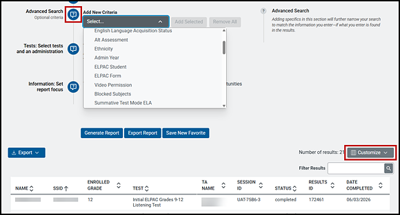 Information section with options to select test progress, test status, test expiration, and session ID or test administrator name parameters. 