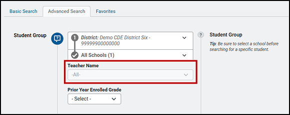 Student Group section with the selection list for group indicated.