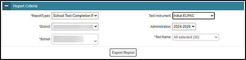 Report Criteria options on the Test Completion Rates screen.