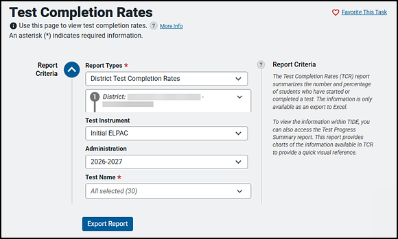 Test Completion Rates screen showing drop-down lists for Report Types, District, test instrument, administration, and test name.