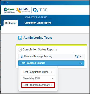 Test Progress Reports drop-down list with the Test Progress Summary option indicated.