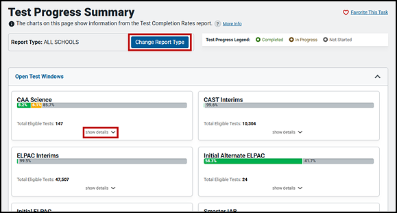 Test Progress Summary showing assessments available for administration and the Change Report Type button and show details link indicated.