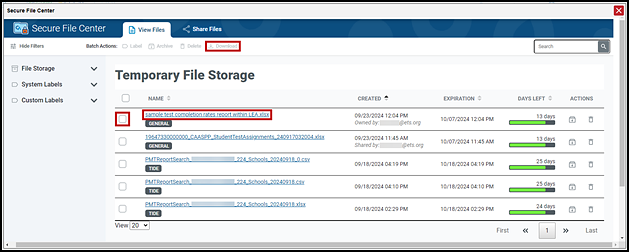 List of files in the Secure file center with a filename, Download button, and empty checkbox indicated.