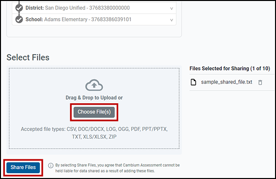 "Select Files" section of the Share Files tab with the Choose File(s) and Share Files buttons indicated.