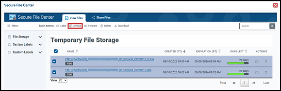 Temporary File Storage with the Archive button indicated in the Batch Actions.