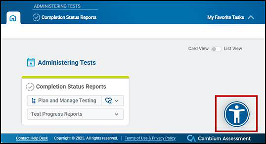 Administering Tests screen with the universal access icon indicated.