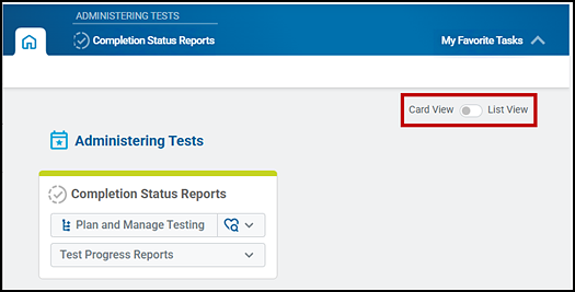 Home Page Dashboard screen with the Plan and Manage Testing, and Test Progress Summary task items displayed, and the View toggle indicated.