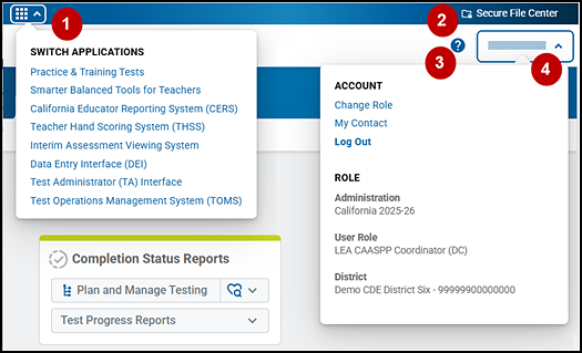 Header section with callouts indicating the Switch Applications drop-down list, Secure File Center link, Help button, and the Name drop-down list.