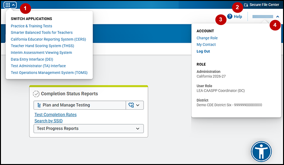 Header section with callouts indicating the Switch Applications drop-down list, Secure File Center link, Help button, and the Name drop-down list.