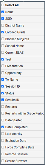 The list of columns that appears after selecting the Show/Hide Columns button. Items are listed and described in table 2