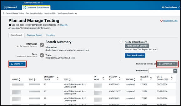 Online Testing Progress Report with the Export and Customize buttons indicated.
