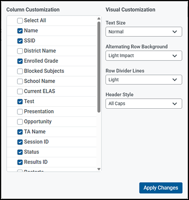 Panel with a list of columns to customize on the left and display option drop-down lists on the right.
