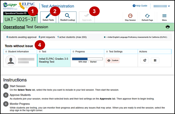 Test Administrator Interface layout with callouts indicating the Session ID, Select Tests tab, Approvals tab, and the Tests without Issue table.