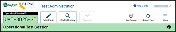 Top part of the Test Administrator Interface.