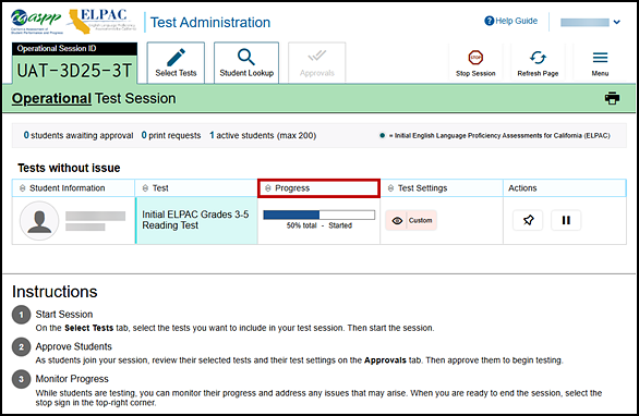 Test Administrator Interface layout with students in session with the Progress column indicated.
