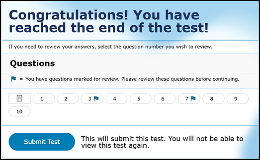 Test Review page with items 3 and 7 marked for review.