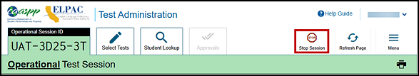 Test Administrator Interface screen with the Stop Session button indicated.