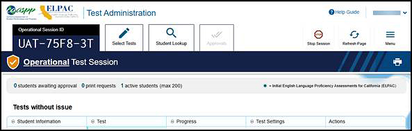 Top part of the Test Administrator Interface.