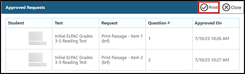 Approved Requests window with the Print button indicated.