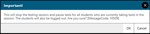 Important! message box stating that stopping the test will log students off the test.