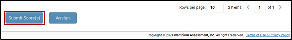 The bottom of the Test Scoring screen with the Submit Score(s) button indicated.