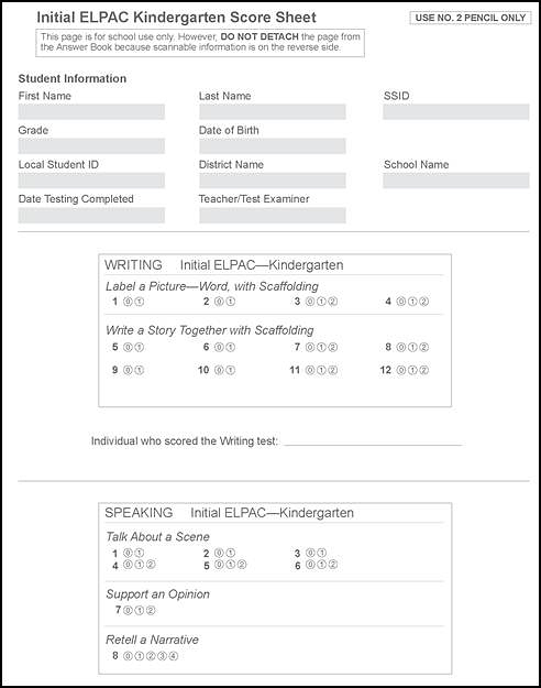 Sample kindergarten score sheet.