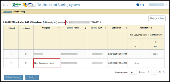 The Reassigned Scorer's table on the Test Scoring screen with the Unassigned designation and the new assignee's name indicated.