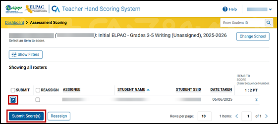 Assessment Scoring screen with the Submit checkbox and Submit Score(s) button indicated.