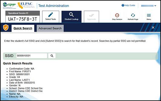 Student Lookup: Quick Search tab with sample student information.