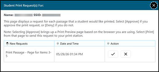 Student Print Request window with one item in the queue.
