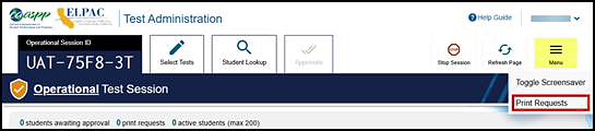 Test Administrator Interface with Print Requests option indicated.