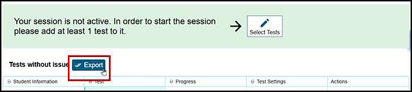 Test Administrator Interface with the Export button indicated.