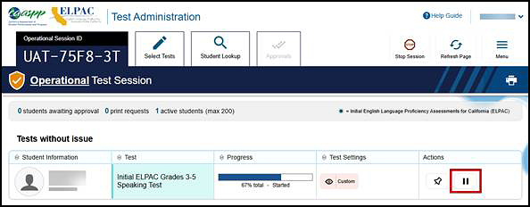 The Test Administrator Interface with a student's Pause button indicated.