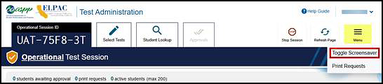 Test Administrator Interface with Toggle Screensaver option indicated.