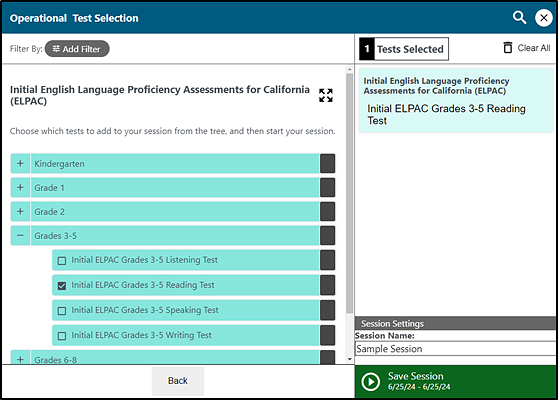 Operational Test Selection Screen showing expanded tests, a session name, and the Save Session button.