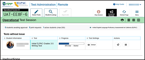 Operational Test Session screen with "Student Information," "Test," "Opp #," "Progress," "Test Settings," and "Actions" columns.